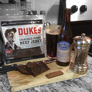 Duke’s Cracked Pepper Beef Jerky with Dogfish Head Indian Brown Lager