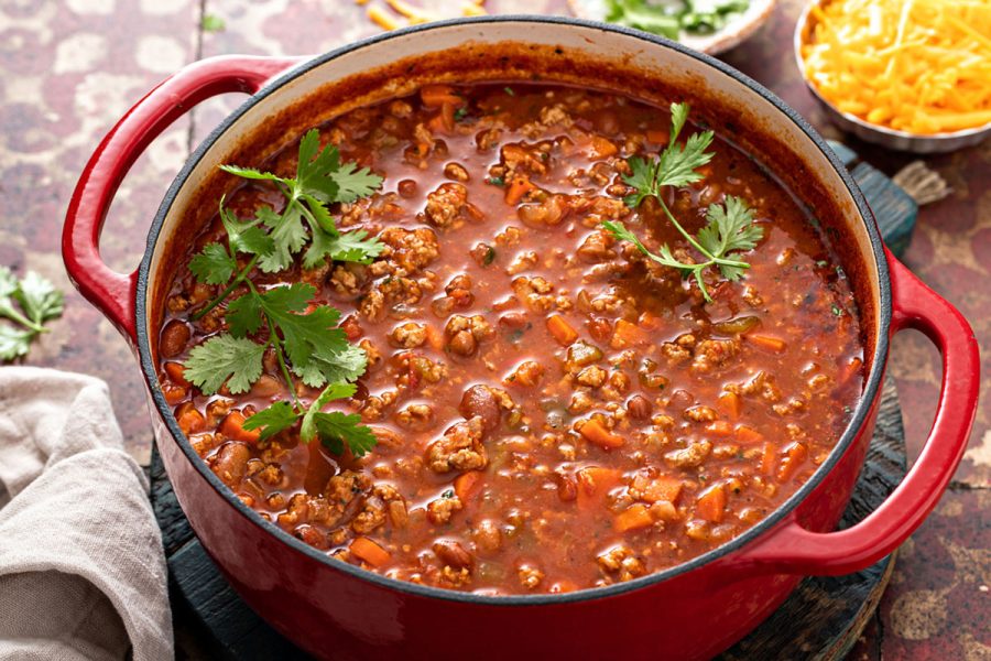 dutch oven filled with chili