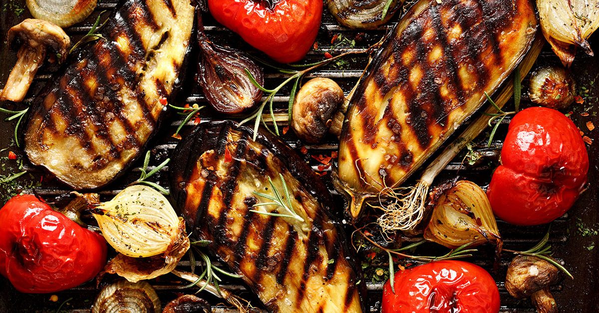 overhead shot of grilled vegetables on grill