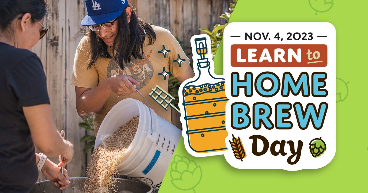 two people homebrewing with learn to homebrew day logo
