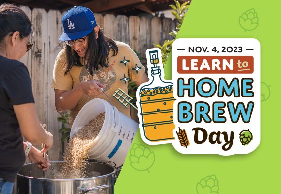 two people homebrewing with learn to homebrew day logo