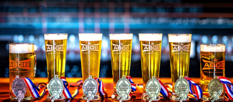 austin beer garden beers in glassware with GABF medals
