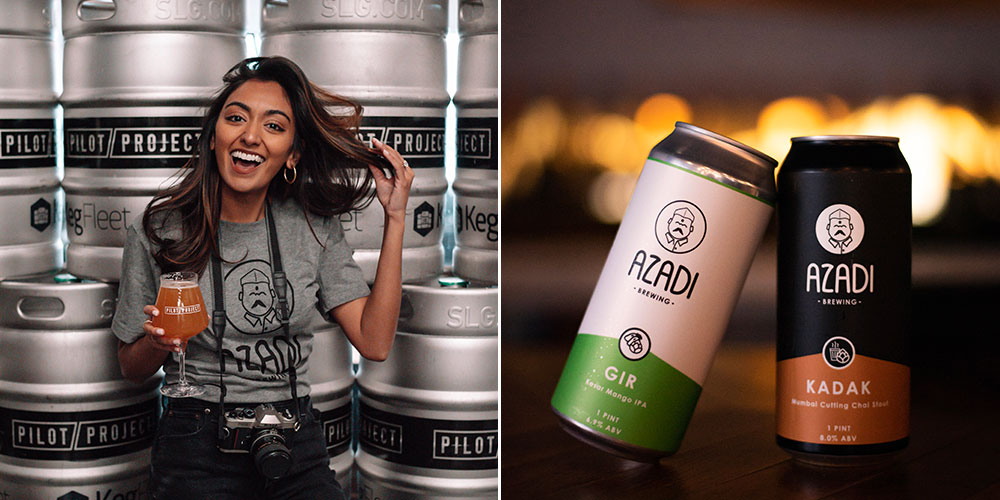 woman posing in front of beer kegs, and azadi beer cans
