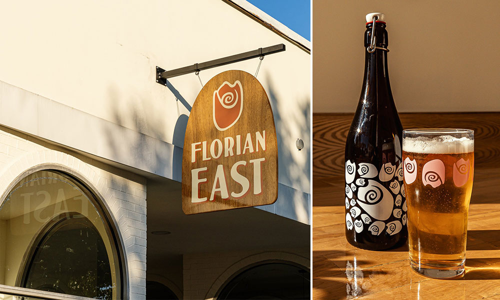 florian east taproom exterior and bottle with glass of beer