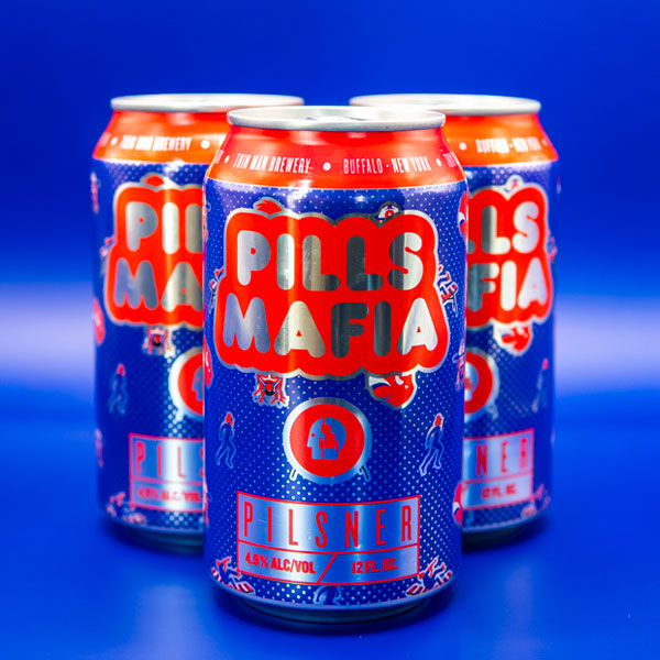 pills mafia cans on blue background