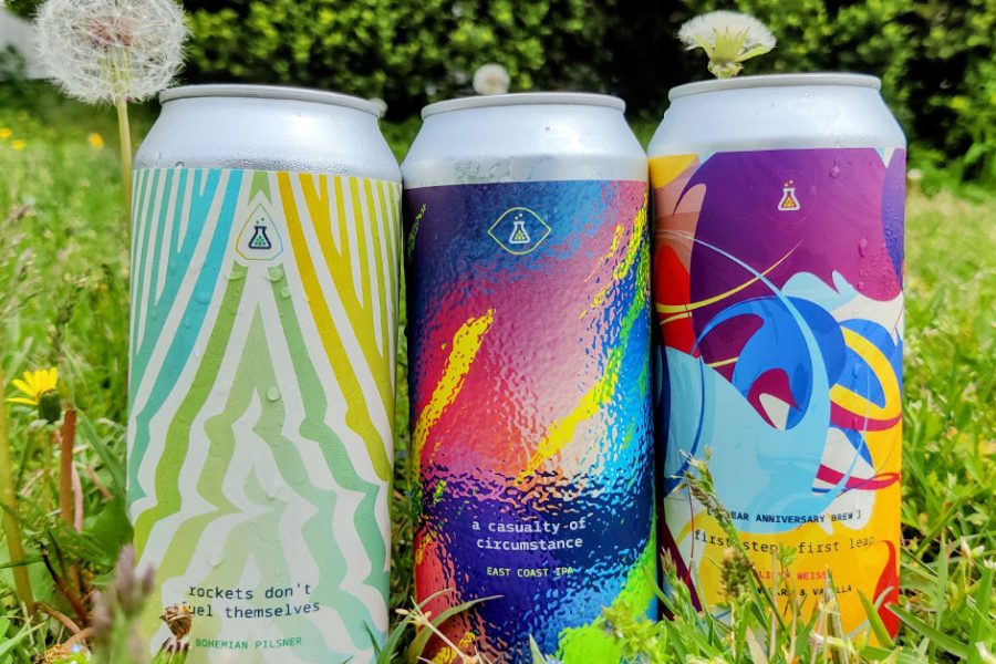 colorful beer cans lined up