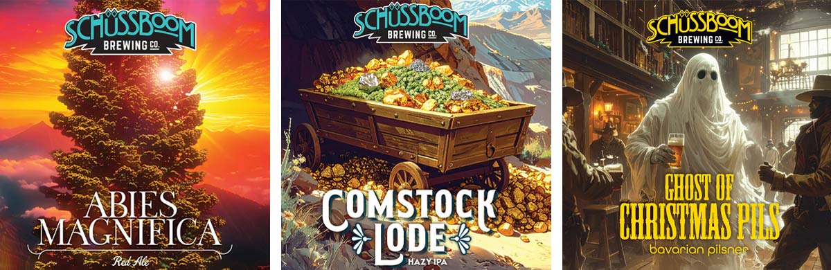 Schussboom Brewing Company commemorative beer labels.