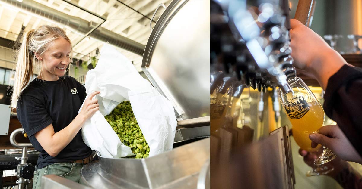 woman dropping hops into kettle and beer poured from faucet