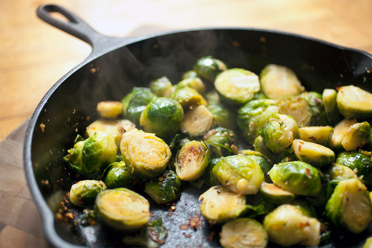 Beer Braised Brussel Sprouts with Shiitake Bacon