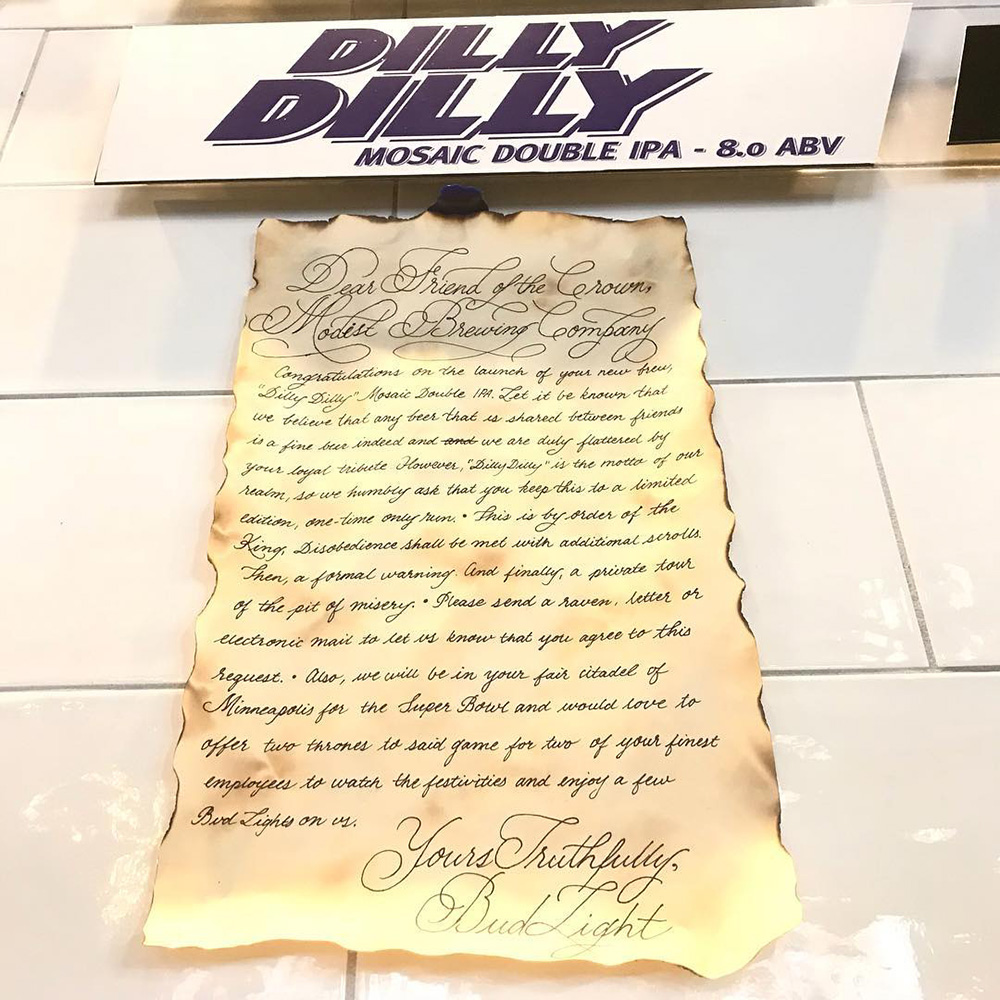 Modist Brewing Raffles Super Bowl Tickets from Dilly Dilly Cease and  Desist